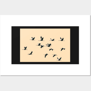 Fifteen Common Cranes Flying on Peach Background Posters and Art